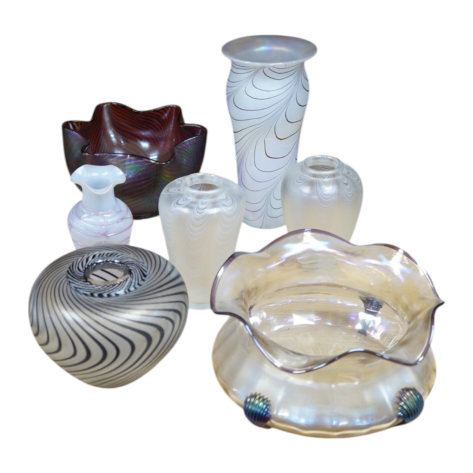 A group of seven Bohemian or contemporary art glass vases and bowls, early 20th century including Pallme König and David Wallace, largest 23cm high. Condition - good